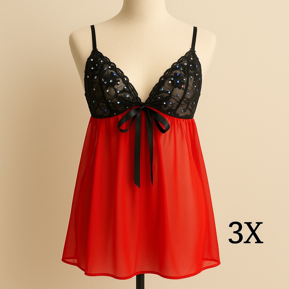3X Red Sheer Babydoll Black Lace Sequin Bodice Ribbon Hem